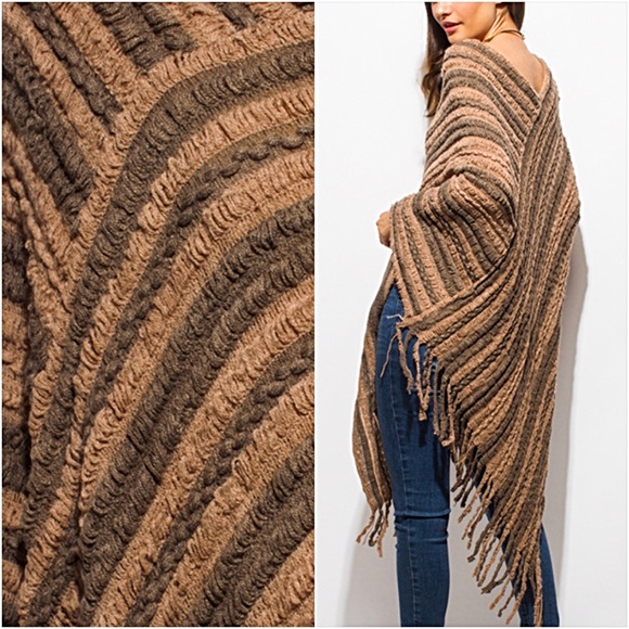 So Soft Boho Fringe Poncho Sweater Tan OS - Picture 4 of 8